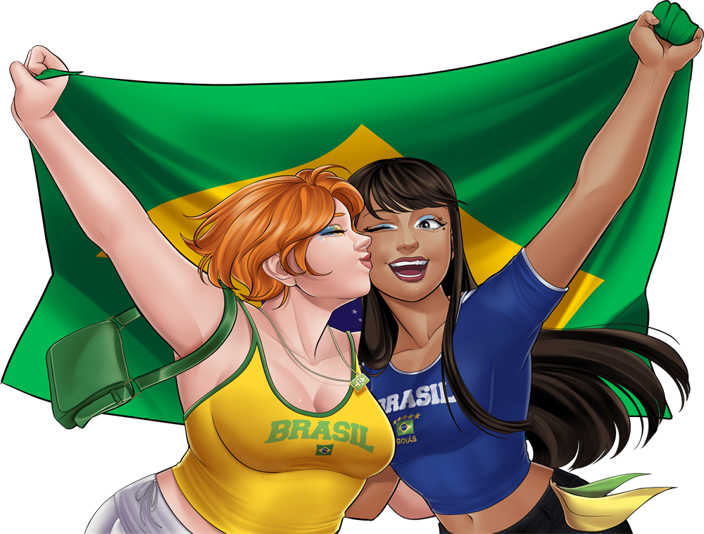 Alice e uma amiga segurando a bandeira do Brasil